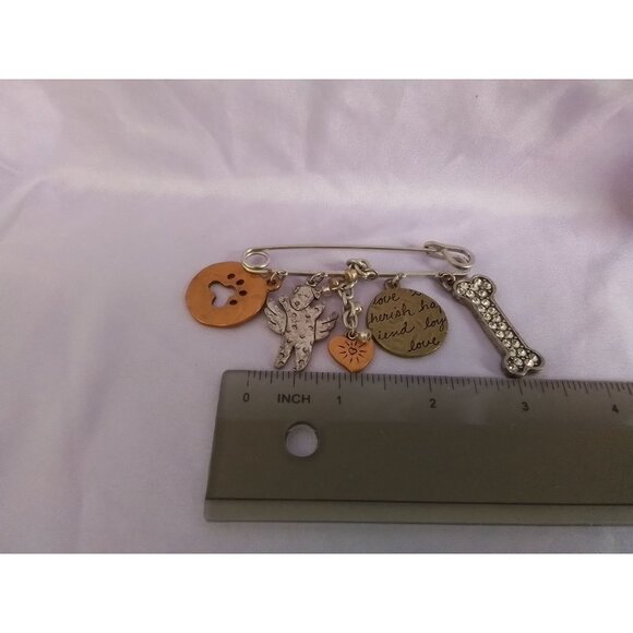 Chico's Angel Dog Brooch Pin with Charms Mixed Metals, Rhinestone, Bone & Wings - Picture 2 of 3
